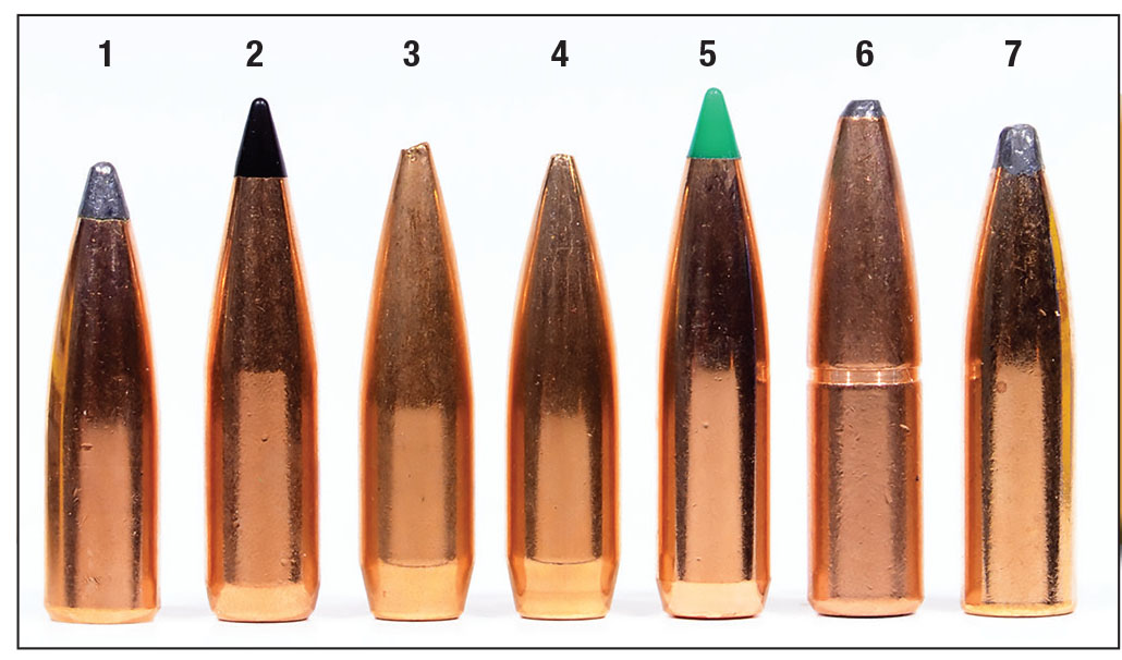 Bullets used in testing: (1) Nosler 165-grain Partition, (2) Swift Scirocco II 165-grain bullet, (3) Hornady 168-grain BTHP Match, (4) Sierra 168-grain HPBT MatchKing, (5) Nosler 180-grain Ballistic Tip, (6) Swift A-Frame 200-grain and (7) Speer 200-grain Spitzer. In Terry’s opinion, the 300 H&H is at its best with bullets ranging from 165 to 200 grains.